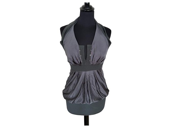 Autre Marque Top Atos Lombardini cinza em viscose plissada decote drapeado