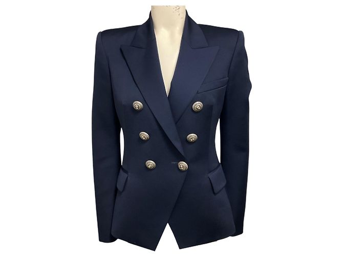 Balmain Navy Blue Double Breasted Wool Blazer with Silver Buttons