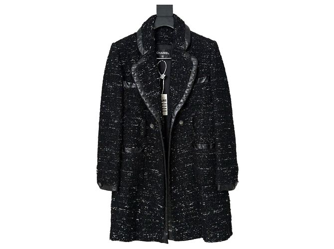 Chanel Black Tweed Coat with Leather Trim