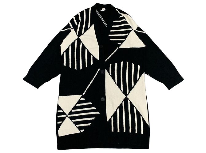 Hermès Mantel Schwarz Kaschmir Geometrisches Muster Größe 38