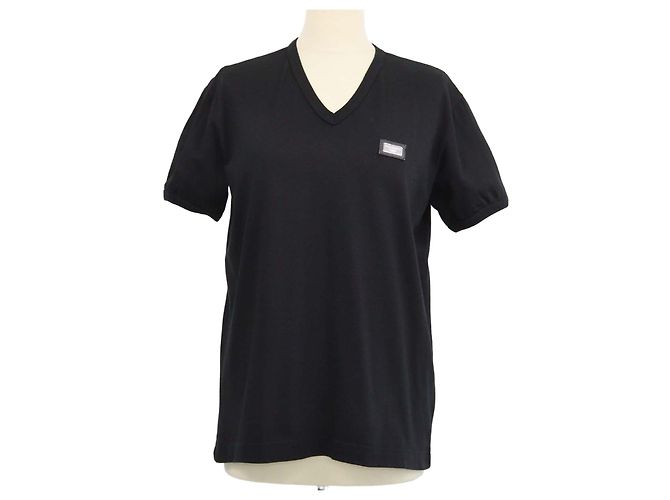 T-shirt Dolce & Gabbana in cotone nero con scollo a V e placca logo
