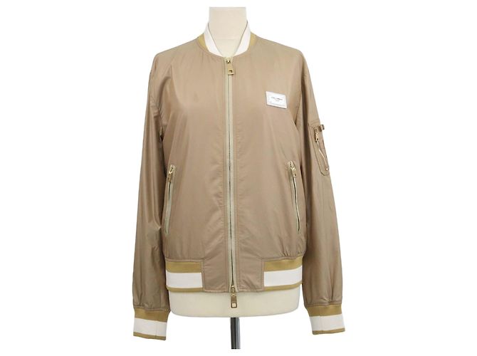 Jaqueta Bomber Dolce & Gabbana em Nylon Marrom e Branco com Placa de Logo