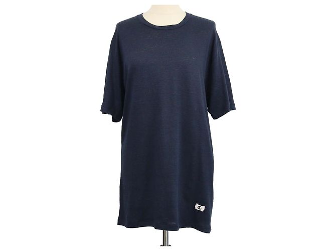 T-shirt Gucci girocollo in lino blu navy con patch Interlocking G