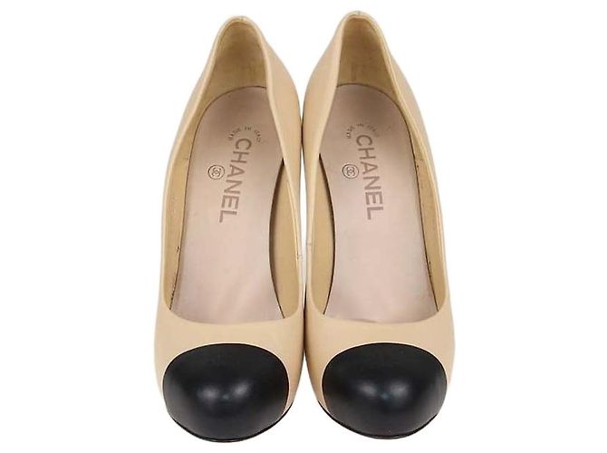 Chanel Beige,Black Leather Platform Cap Toe Pumps