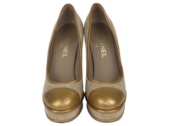 Chanel Beige,Gold Suede and Leather Platform Cap Toe Pumps