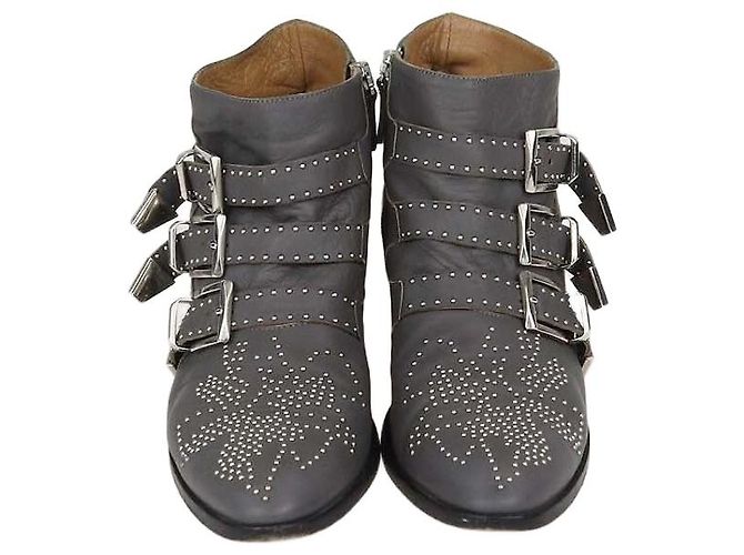 Chloé Chloe Grey Leather Studded Suzanna Ankle Boots