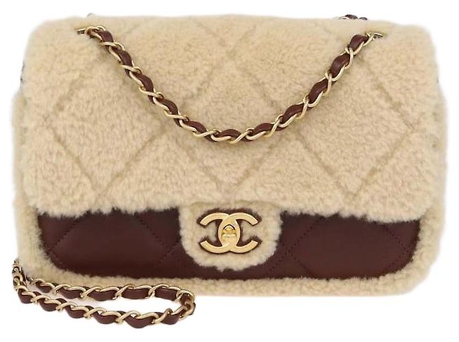 Bolsa de aba média Chanel em couro acolchoado e pele de carneiro bege e castanho