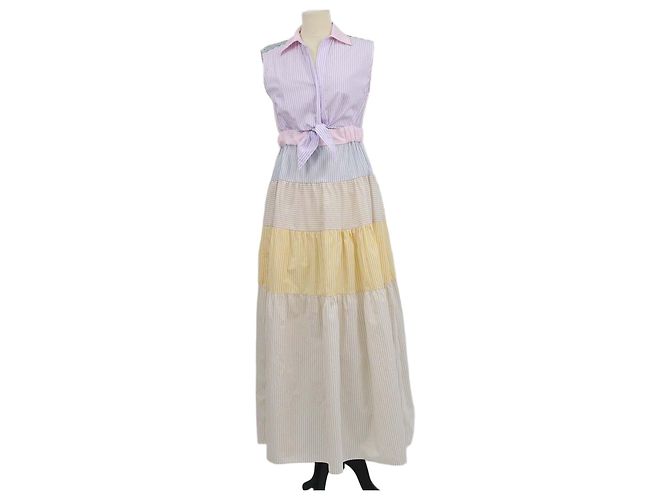 Abito camicia maxi a balze in popeline di cotone a righe multicolore Sandro