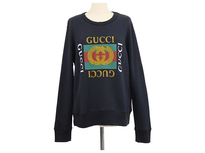 Gucci Black Cotton Logo Printed Distressed Sweatshirt