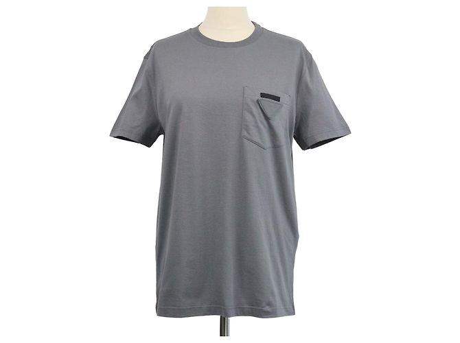 Prada Grey Cotton Triangle Logo Crew Neck T-Shirt