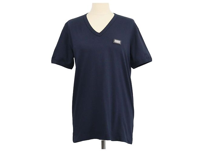 T-shirt Dolce & Gabbana in cotone blu navy con scollo a V e placca logo