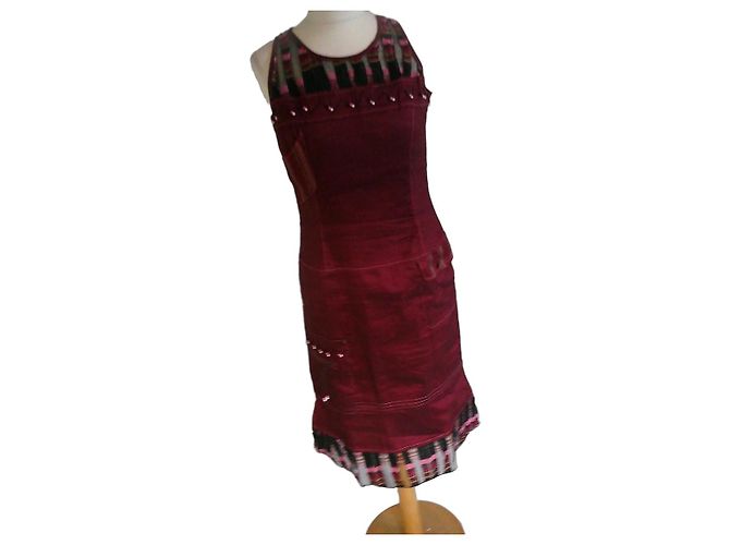 inconnue Vestido corto O.K.S. lino burdeos estampado cuadros