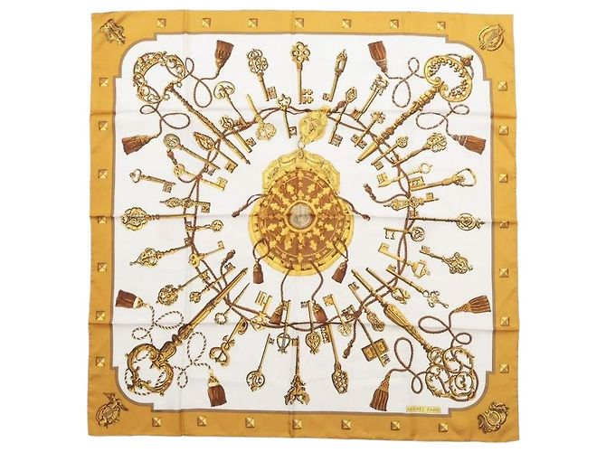 Hermès Lenço de seda Carré 90 Les Cles Keys branco e dourado