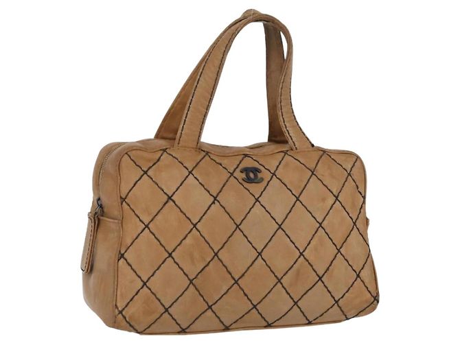 CHANEL Wild Stitch Hand Bag Leather Beige CC