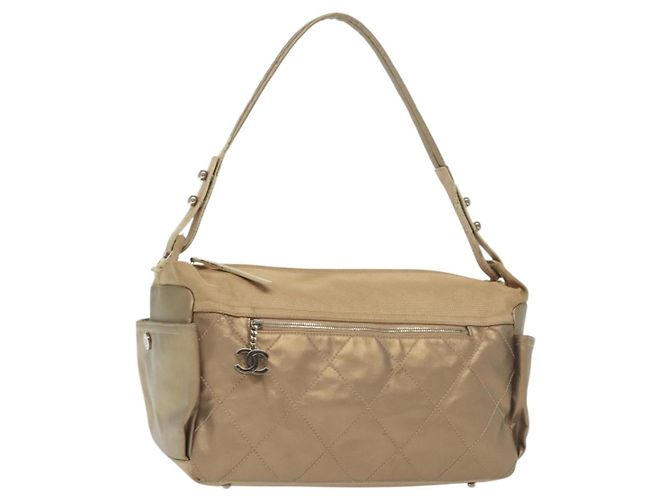 CHANEL Paris Biarritz Shoulder Bag Coated Canvas Beige Silver CC