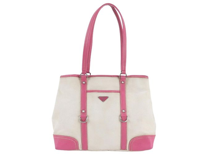Prada Pink Triangle Logo Leather Canvas Tote Bag