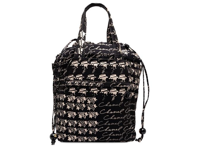 Chanel Black CC Canvas Grafitti Drawstring Tote