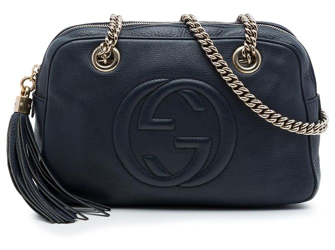 Bolsa de Ombro Gucci Soho com Corrente e Zíper em Couro de Bezerro Azul