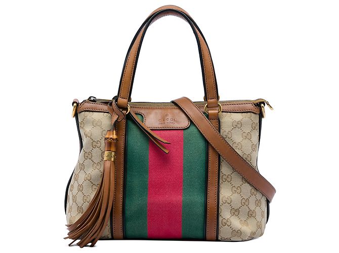 Bamboo Bolsa Satchel Gucci em tela GG bege com tassel de bambu e Web