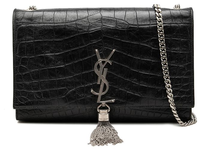 Autre Marque Saint Laurent Black Medium Croc Embossed Leather Monogram Kate Tassel Crossbody