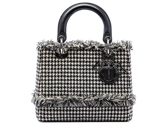 Dior Black Medium Tweed Fringe Houndstooth Lady Dior