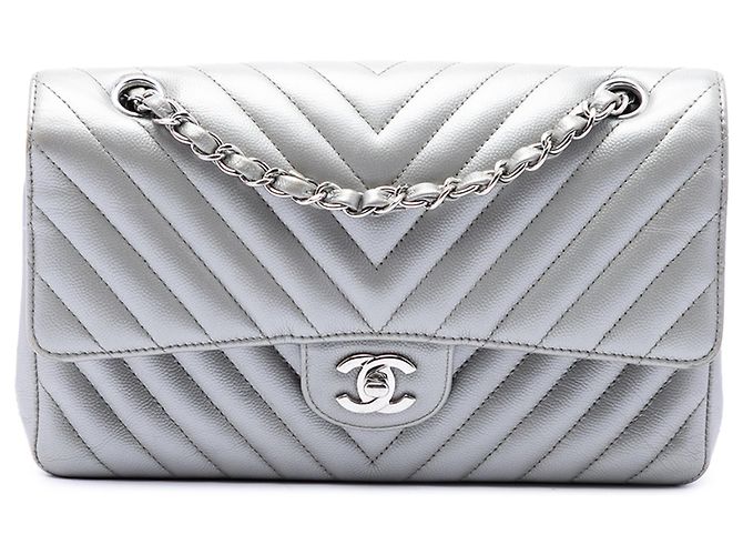 Chanel Silver Medium Classic Chevron Caviar Double Flap