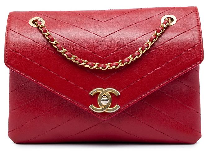 Chanel Red Small Chevron Lambskin Stitched Envelope Flap