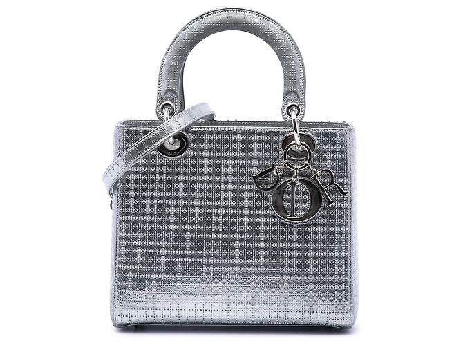 Dior Silver Medium Metallic Patent Microcannage Lady Dior