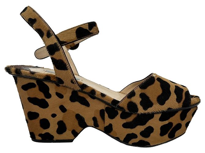 Prada Leopard Print Wedge Sandals in Multicolor Ponyhair