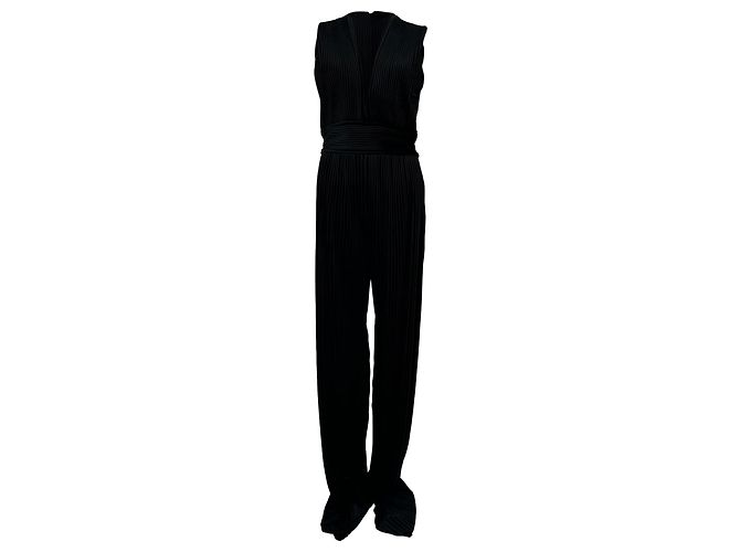 Balmain AW15 Plissierter Samt-Jumpsuit mit tiefem Ausschnitt aus schwarzem Polyester