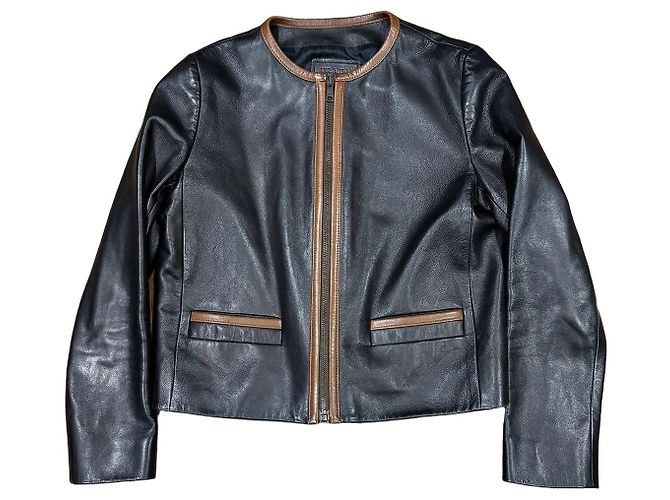 Prada Giacca in pelle nera con rifiniture marroni