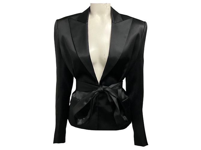 Alexandre Vauthier Black Satin Open Jacket with Belt