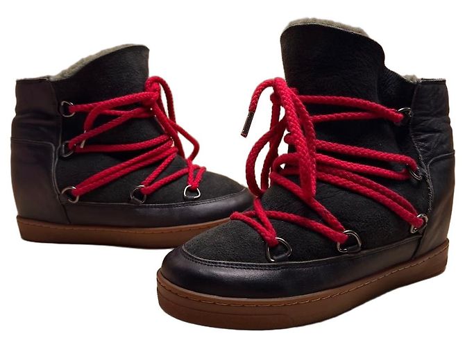 Isabel Marant Black Suede and Leather Wedge Ankle Boots with Red Laces