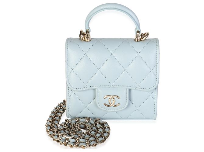 Gabrielle Bolso de Mano Mini Top Handle Chanel de Piel de Cordero Acolchada Azul Claro con Cadena