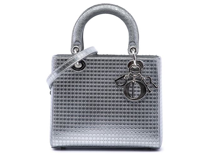 Silver Dior Medium Metallic Patent Microcannage Lady Dior Satchel