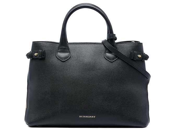 Bolsa Satchel Banner Burberry Medium em couro e House Check preto