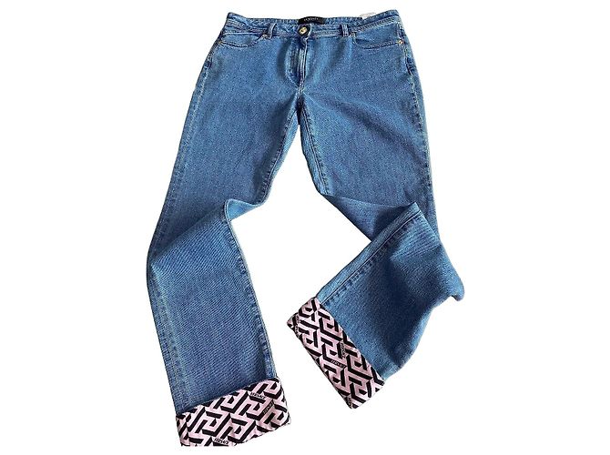 Versace Vaqueros Azul Denim con Estampado Greca Rosa