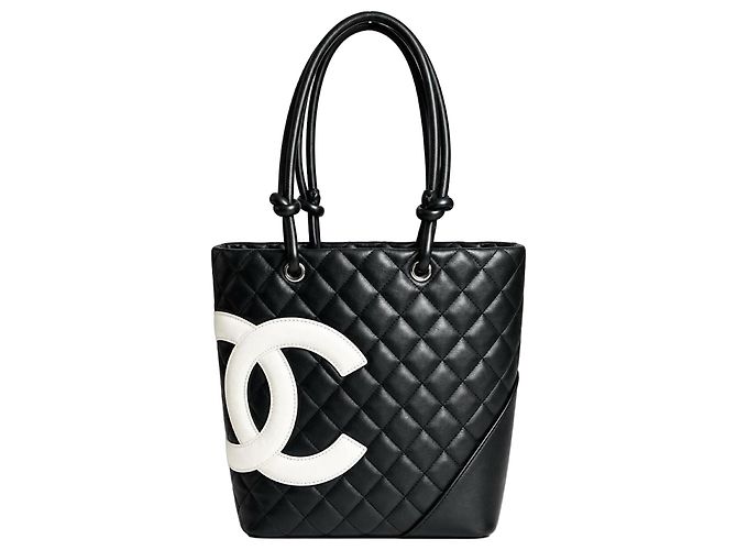 Chanel Borsa Tote Medium Cambon in pelle di vitello nera e bianca
