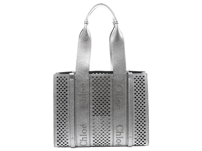 Chloé Sac à main et épaule Chloe Woody Medium en cuir, couleur Silver