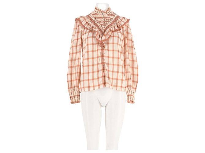 Camisa SéZane xadrez branca de algodão com folhos