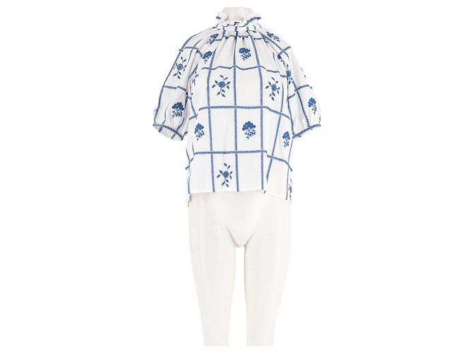Top de algodão branco SéZane com bordados florais azuis