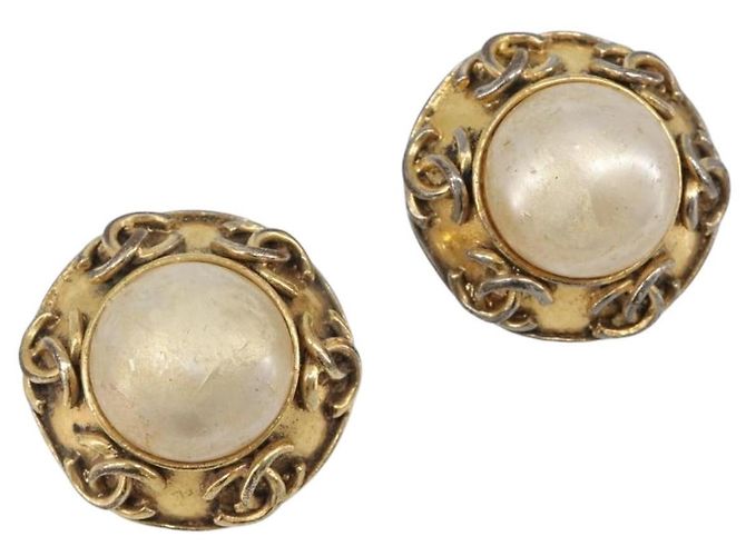 CHANEL Earring Metal Gold Tone White CC