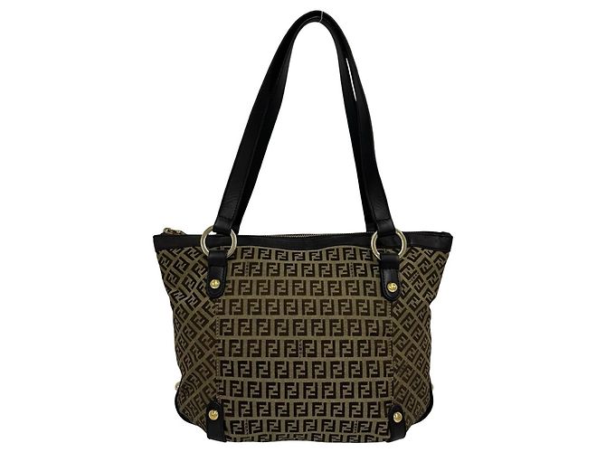 Fendi Zucchino FF Pattern Canvas Leather Tote Bag