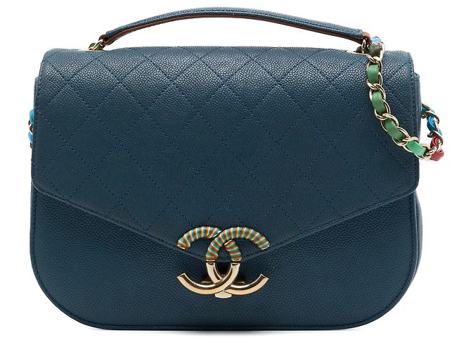 Chanel Blue Paris Cuba Medium Quilted Caviar Thread Around Flap