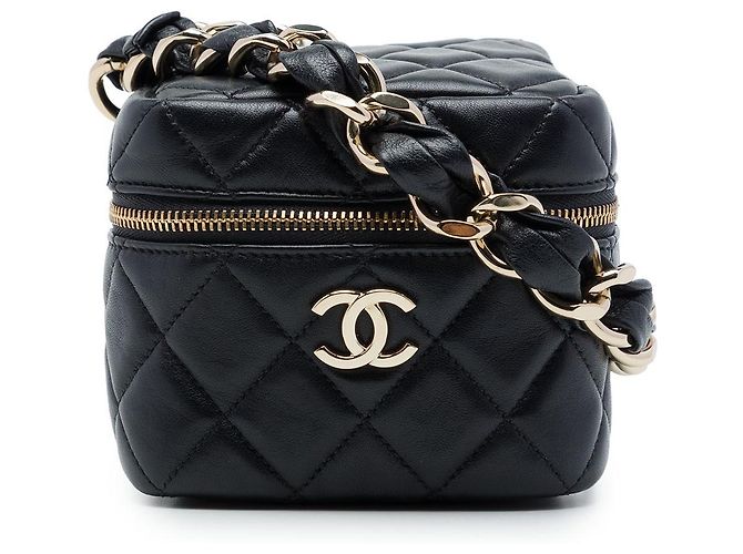 Chanel Black CC Quilted Lambskin Cube Wristlet Vanity Case