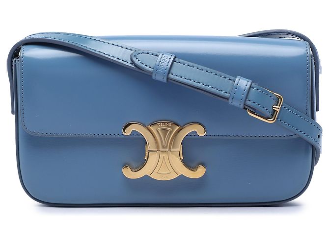 Céline Bolsa de Ombro Celine Claude em Pele de Bezerro Brilhante Azul com Triomphe