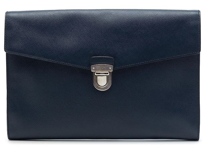 Prada Blue Large Saffiano Lux Envelope Pushlock Clutch
