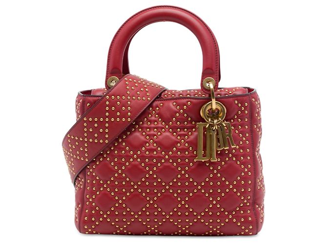 Dior Red Medium Lambskin Cannage Studded Supple Lady Dior