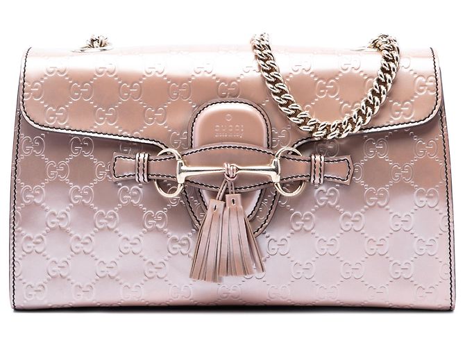 Bolso de hombro Gucci Emily Medium Guccissima de charol rosa