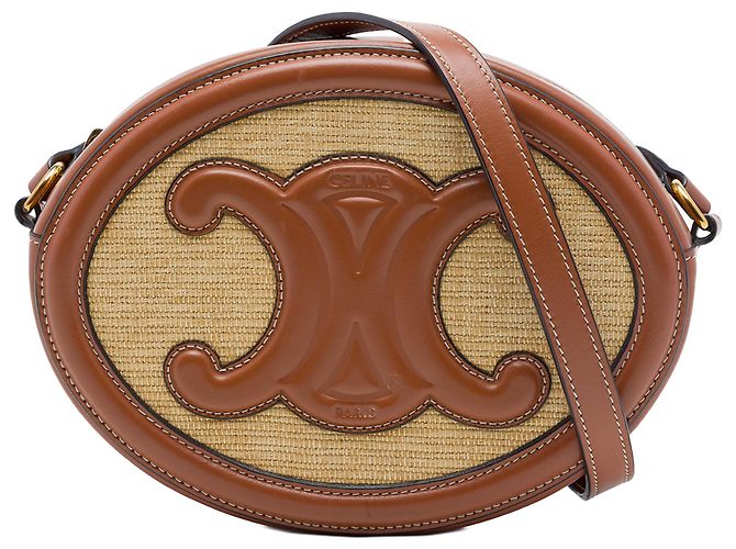 Céline Celine Beige Straw Effect Canvas Cuir Triomphe Oval Crossbody
